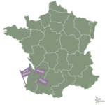 Carte de France représentant les la zone de travail de Xokakko : Pays Basque, Landes et Béarn - Landes et Pyrénées Atlantiques